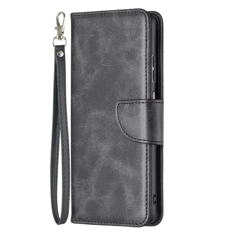 Solid Color Textured PU Leather Wallet Stand Shell for Samsung Galaxy A23 4G / 5G (Global Version), Magnetic Clasp Phone Protector Case with Strap - Black