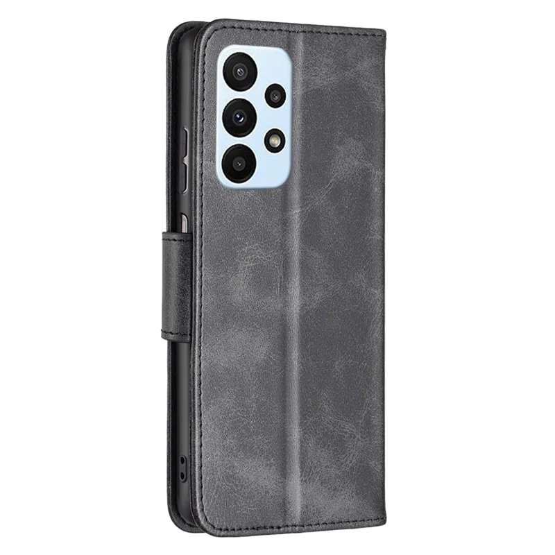 Solid Color Textured PU Leather Wallet Stand Shell for Samsung Galaxy A23 4G / 5G (Global Version), Magnetic Clasp Phone Protector Case with Strap - Black
