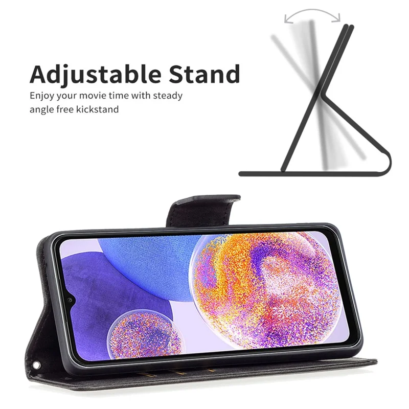 Solid Color Textured PU Leather Wallet Stand Shell for Samsung Galaxy A23 4G / 5G (Global Version), Magnetic Clasp Phone Protector Case with Strap - Black