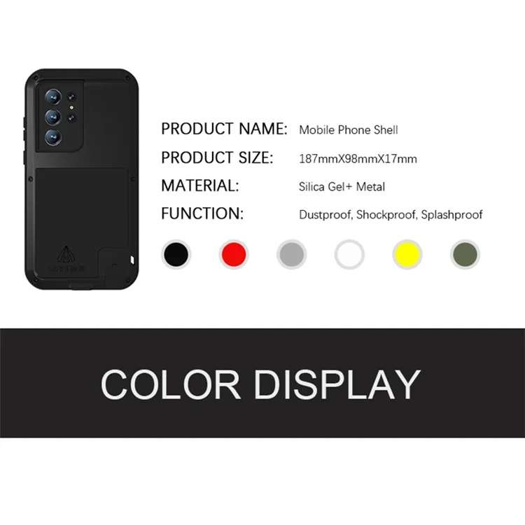 LOVE MEI para Samsung Galaxy S22 Ultra 5G Protector metálico a prueba de rasguños y caídas con silicona - Verde Ejército