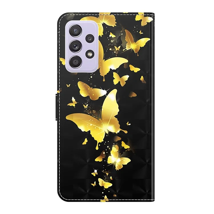 Für Samsung Galaxy A23 4G / 5G (globale Version) PU-Leder-Magnetklappdeckel 3D-Kreativmuster-Druck Standfunktion Handschlaufe Brieftasche Geldbörse Tasche - Goldene Schmetterlinge