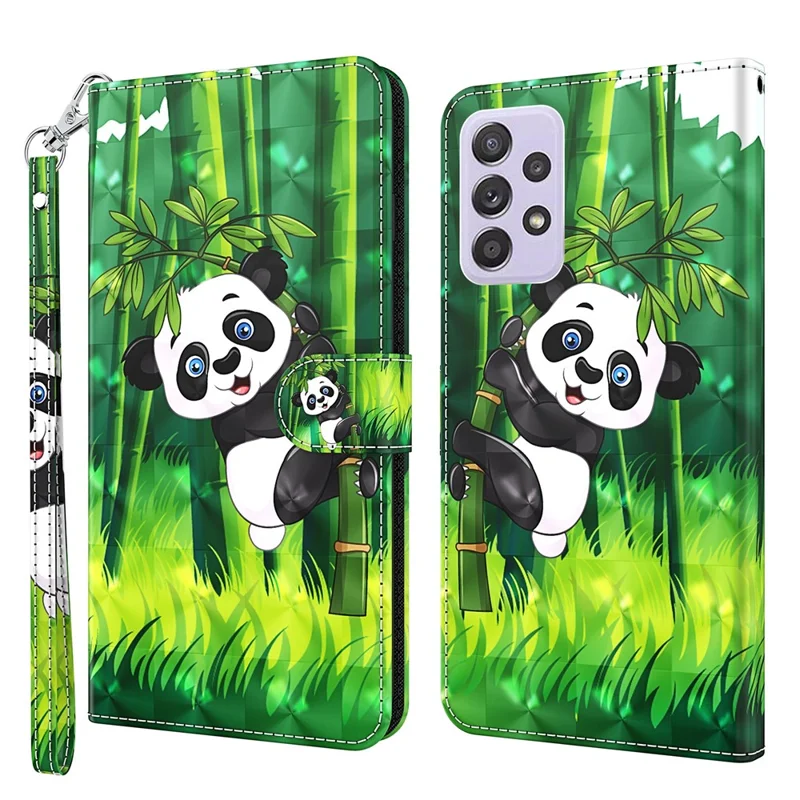 For Samsung Galaxy A23 4G / 5G (Global Version) PU Leather Magnetic Flip Cover 3D Creative Pattern Printing Stand Function Hand Strap Wallet Purse Case - Panda Climbing