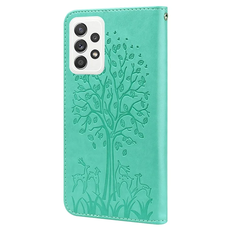 Para Samsung Galaxy A23 4G (165.4 x 76.9 x 8.4 Mm) Patrón de Árboles de Ciervo Impresión PU Cuero de Cuero Magnet Billetera Caja de Protección a Prueba de Choque - Verde