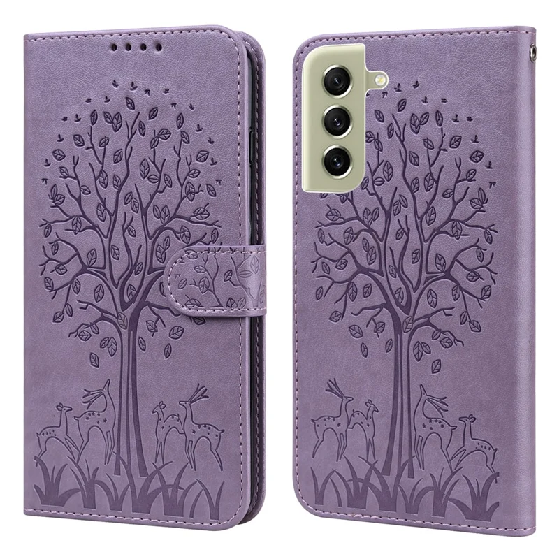 For Samsung Galaxy S21 FE 5G / S21 Fan Edition Deer Tree Pattern Imprinted PU Leather Protective Case Wallet Stand Flip Magnetic Clasp Closure Cover - Purple