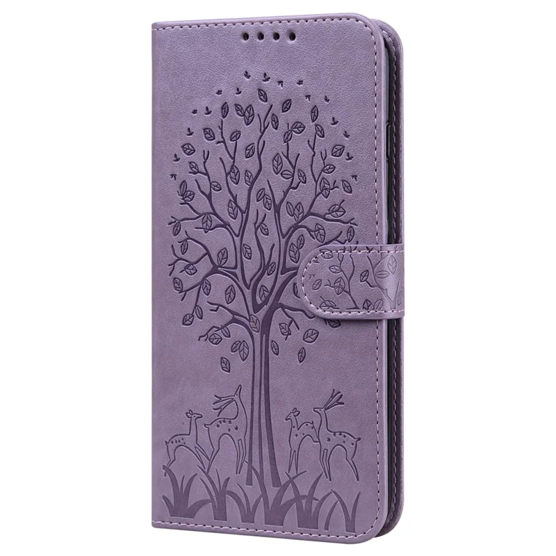 For Samsung Galaxy S21 FE 5G / S21 Fan Edition Deer Tree Pattern Imprinted PU Leather Protective Case Wallet Stand Flip Magnetic Clasp Closure Cover - Purple