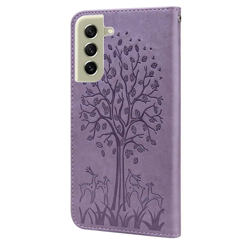 For Samsung Galaxy S21 FE 5G / S21 Fan Edition Deer Tree Pattern Imprinted PU Leather Protective Case Wallet Stand Flip Magnetic Clasp Closure Cover - Purple
