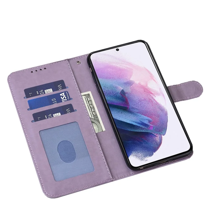 For Samsung Galaxy S21 FE 5G / S21 Fan Edition Deer Tree Pattern Imprinted PU Leather Protective Case Wallet Stand Flip Magnetic Clasp Closure Cover - Purple