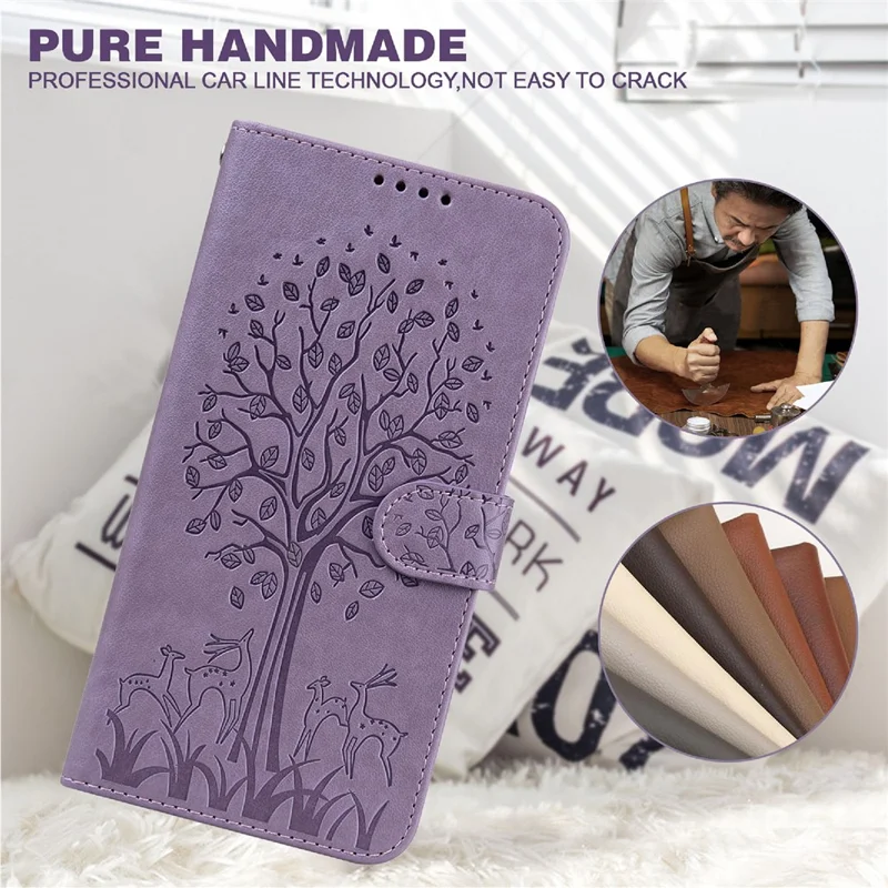 For Samsung Galaxy S21 FE 5G / S21 Fan Edition Deer Tree Pattern Imprinted PU Leather Protective Case Wallet Stand Flip Magnetic Clasp Closure Cover - Purple