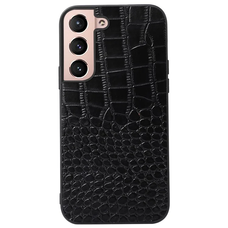 For Samsung Galaxy S22 5G Crocodile Texture Mobile Phone Case Genuine Cowhide Leather Coating Hybrid PC + TPU Protective Cover - Black