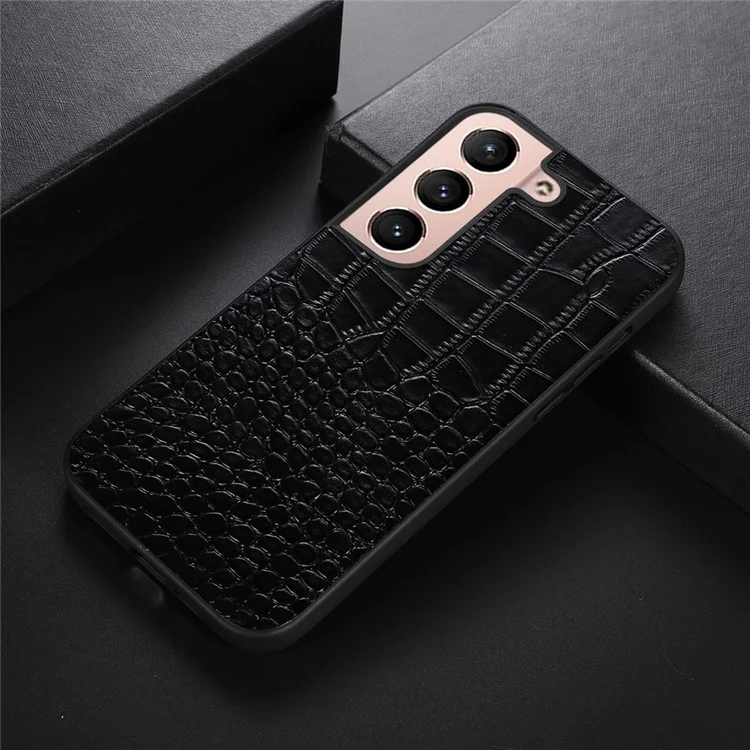 For Samsung Galaxy S22 5G Crocodile Texture Mobile Phone Case Genuine Cowhide Leather Coating Hybrid PC + TPU Protective Cover - Black