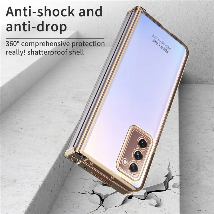 For Samsung Galaxy Z Fold2 5G Anti-fall Electroplating Transparent PC Phone Case Detachable Hinge Design Shockproof Phone Shell - Gold