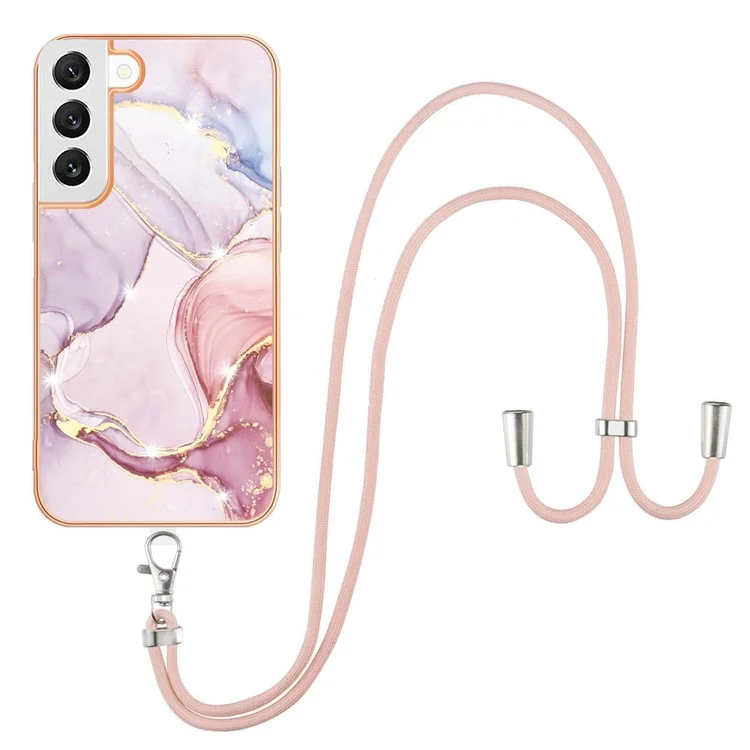 For Samsung Galaxy S22 5G, Case with Shoulder Strap IMD IML Flower Pattern TPU Back Cover - Rose Gold 005