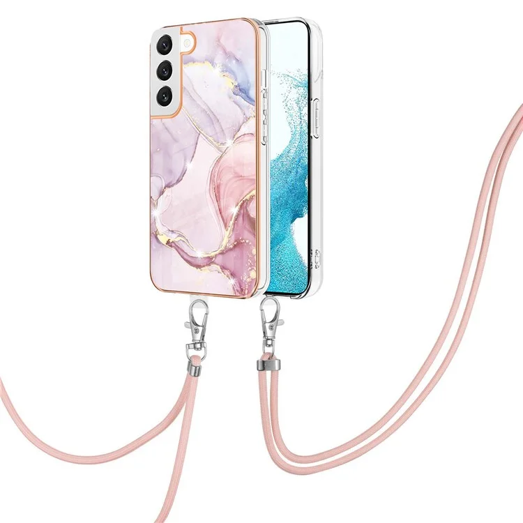 For Samsung Galaxy S22 5G, Case with Shoulder Strap IMD IML Flower Pattern TPU Back Cover - Rose Gold 005