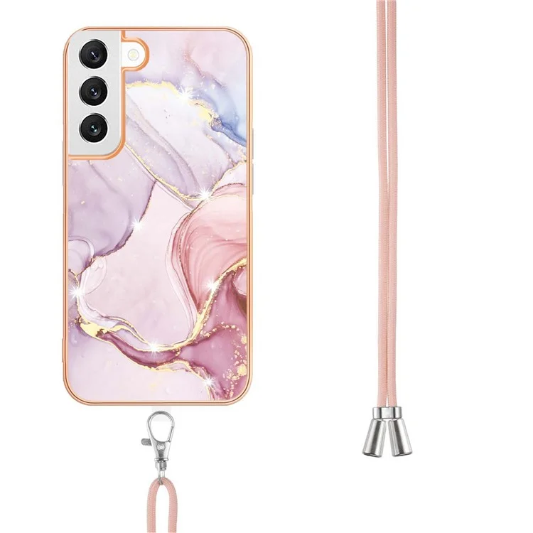 For Samsung Galaxy S22 5G, Case with Shoulder Strap IMD IML Flower Pattern TPU Back Cover - Rose Gold 005