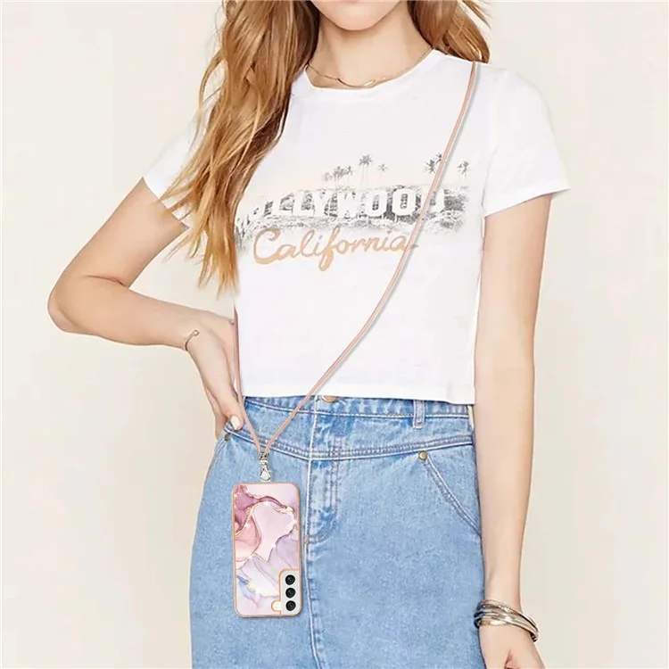For Samsung Galaxy S22 5G, Case with Shoulder Strap IMD IML Flower Pattern TPU Back Cover - Rose Gold 005