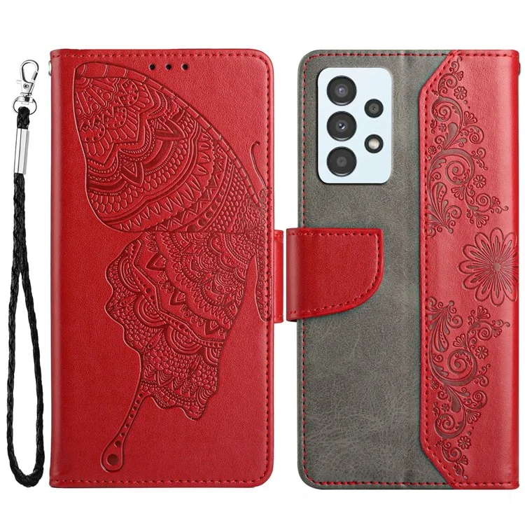 For Samsung Galaxy A72 5G/4G Wallet Stand Phone Case Scratch Resistant PU Leather Cover Butterfly Flower Imprinted Phone Protector - Red