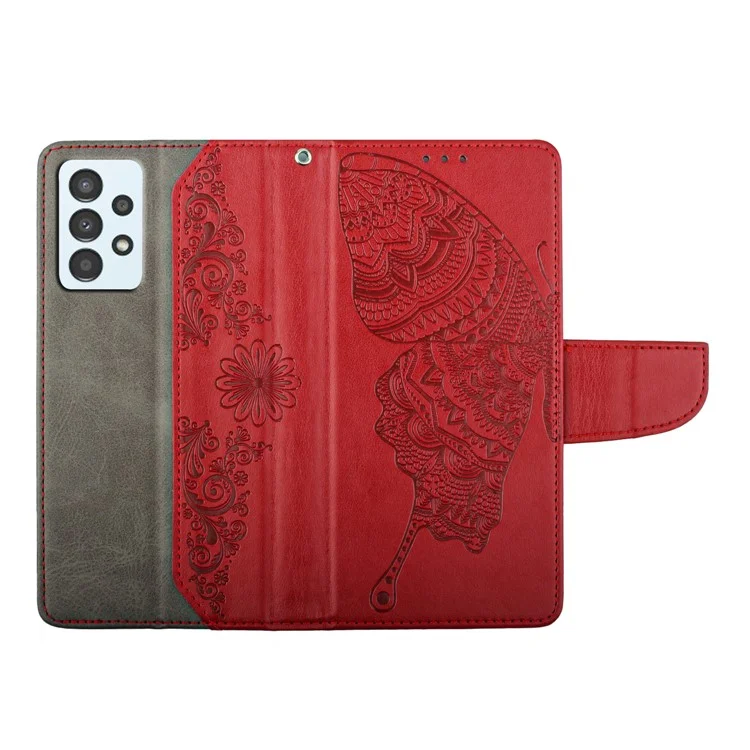 For Samsung Galaxy A72 5G/4G Wallet Stand Phone Case Scratch Resistant PU Leather Cover Butterfly Flower Imprinted Phone Protector - Red