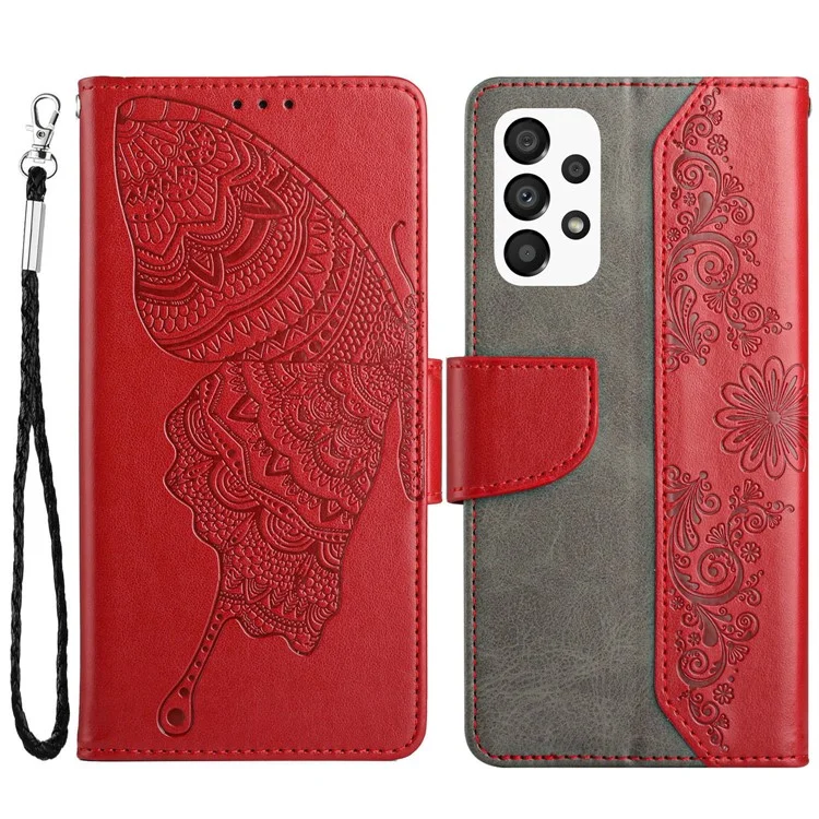 Wallet Phone Case for Samsung Galaxy A33 5G Butterfly Flower Imprinted PU Leather Cover Scratch Resistant Phone Protector with Stand - Red