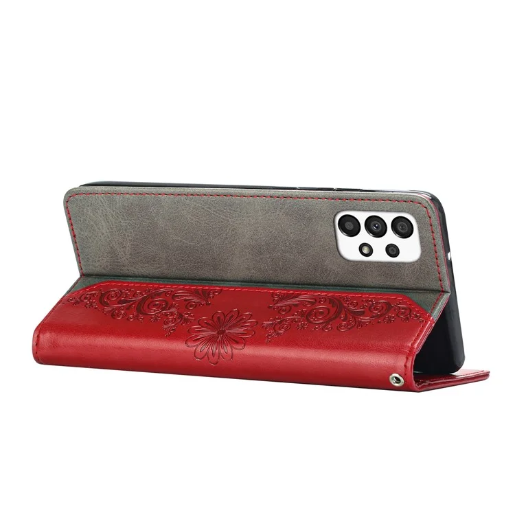 Wallet Phone Case for Samsung Galaxy A33 5G Butterfly Flower Imprinted PU Leather Cover Scratch Resistant Phone Protector with Stand - Red