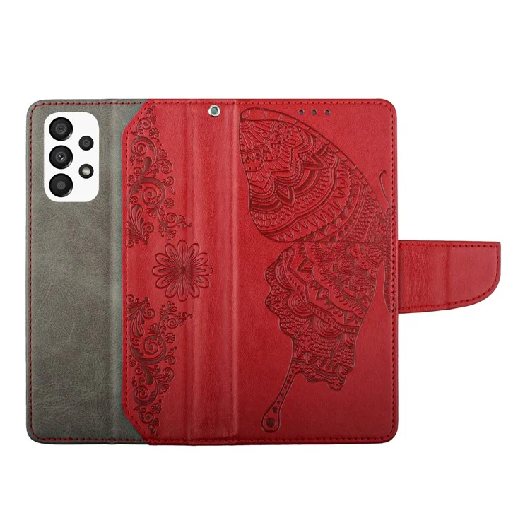 Wallet Phone Case for Samsung Galaxy A33 5G Butterfly Flower Imprinted PU Leather Cover Scratch Resistant Phone Protector with Stand - Red