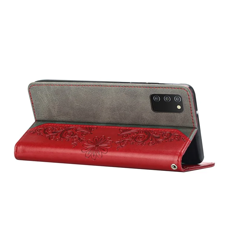 Scratch Resistant Phone Case for Samsung Galaxy A03s (164.2 x 75.9 x 9.1mm) Shockproof PU Leather Cover Butterfly Flower Imprinted Phone Protector with Wallet Stand - Red