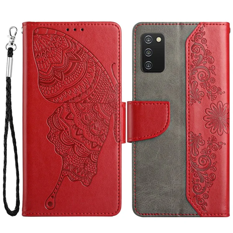 Shockproof Phone Case for Samsung Galaxy A03s (166.5 x 75.98 x 9.14mm) Scratch Resistant PU Leather Cover Butterfly Flower Imprinted Phone Protector with Wallet Stand - Red