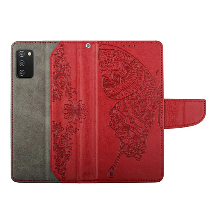 Shockproof Phone Case for Samsung Galaxy A03s (166.5 x 75.98 x 9.14mm) Scratch Resistant PU Leather Cover Butterfly Flower Imprinted Phone Protector with Wallet Stand - Red