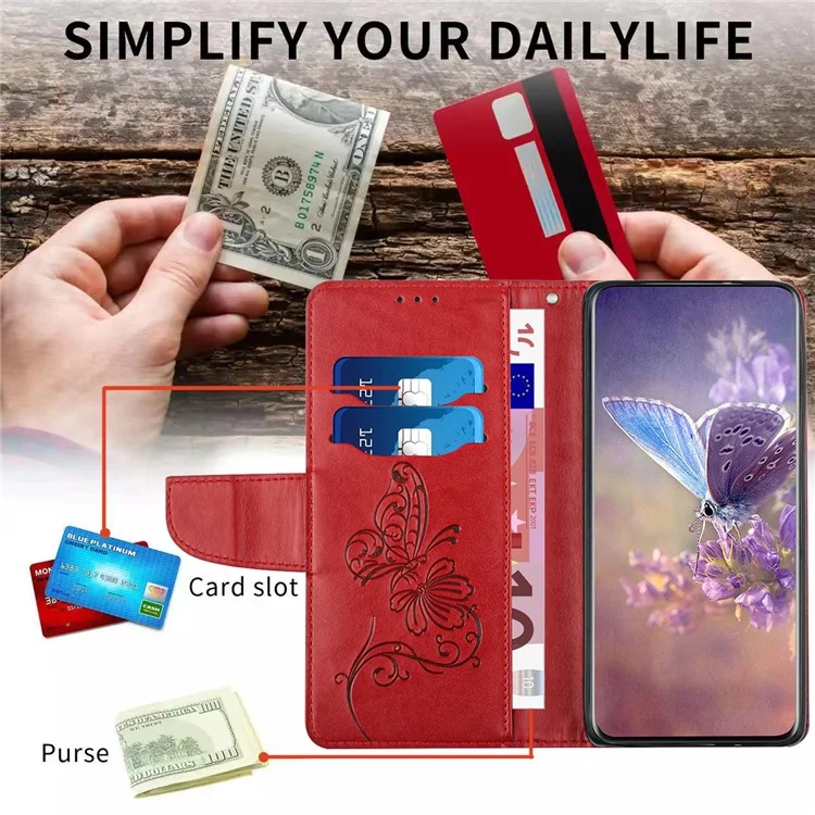 Shockproof Phone Case for Samsung Galaxy A03s (166.5 x 75.98 x 9.14mm) Scratch Resistant PU Leather Cover Butterfly Flower Imprinted Phone Protector with Wallet Stand - Red