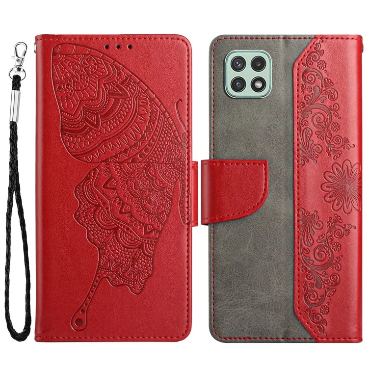 Pour Samsung Galaxy A22 5G (version Ue) Butterfly Fleur Portefeuille Imprimé Boîte de Téléphone Scratch Folio Flio Flip Flip Protective Couvercle Avec Support - Rouge