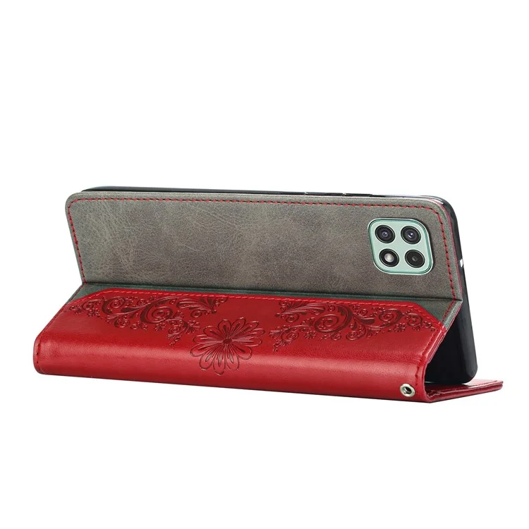 Pour Samsung Galaxy A22 5G (version Ue) Butterfly Fleur Portefeuille Imprimé Boîte de Téléphone Scratch Folio Flio Flip Flip Protective Couvercle Avec Support - Rouge