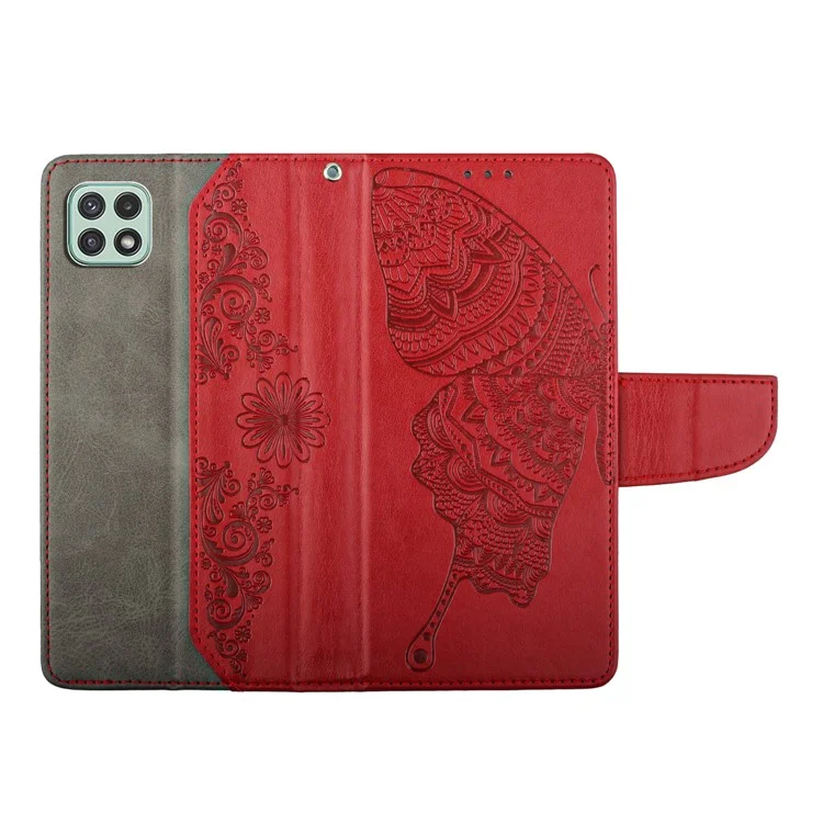 Pour Samsung Galaxy A22 5G (version Ue) Butterfly Fleur Portefeuille Imprimé Boîte de Téléphone Scratch Folio Flio Flip Flip Protective Couvercle Avec Support - Rouge