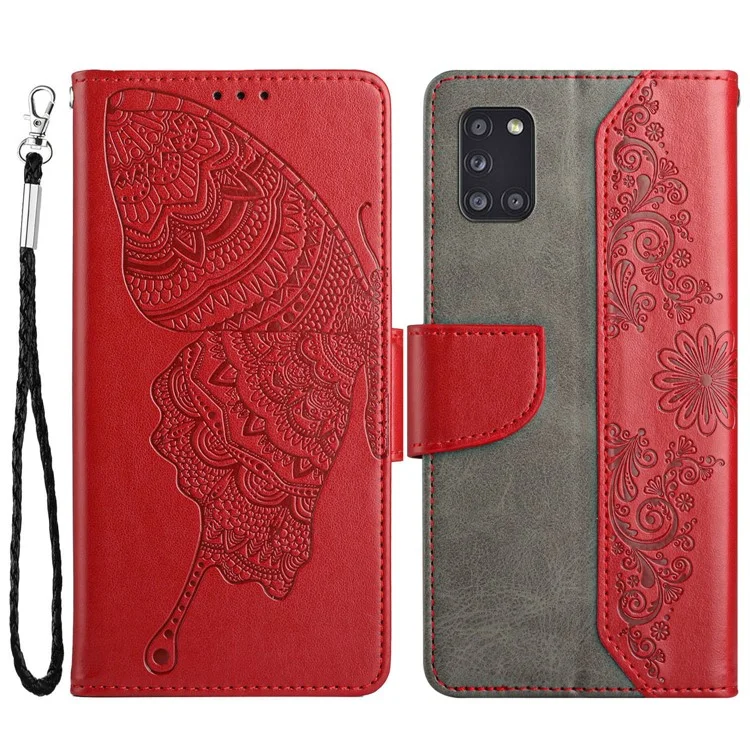 Kratzfeste Wallet-Handyhülle für Samsung Galaxy Galaxy A31, stoßfeste Folio-Klapphülle mit Schmetterlingsblumen-Prägung, Ständer - Rot
