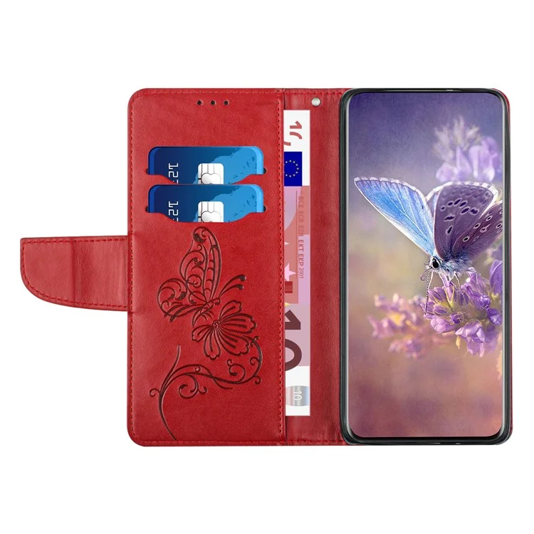 Kratzfeste Wallet-Handyhülle für Samsung Galaxy Galaxy A31, stoßfeste Folio-Klapphülle mit Schmetterlingsblumen-Prägung, Ständer - Rot