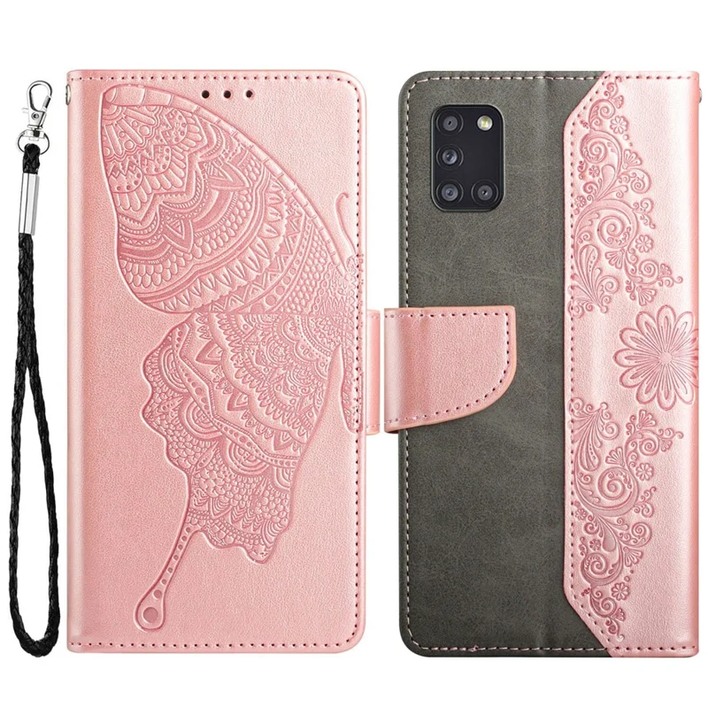 Scratch Resistant Wallet Phone Case for Samsung Galaxy A31 Shockproof Folio Flip Cover Butterfly Flower Imprinted Phone Case with Stand - Rose Gold