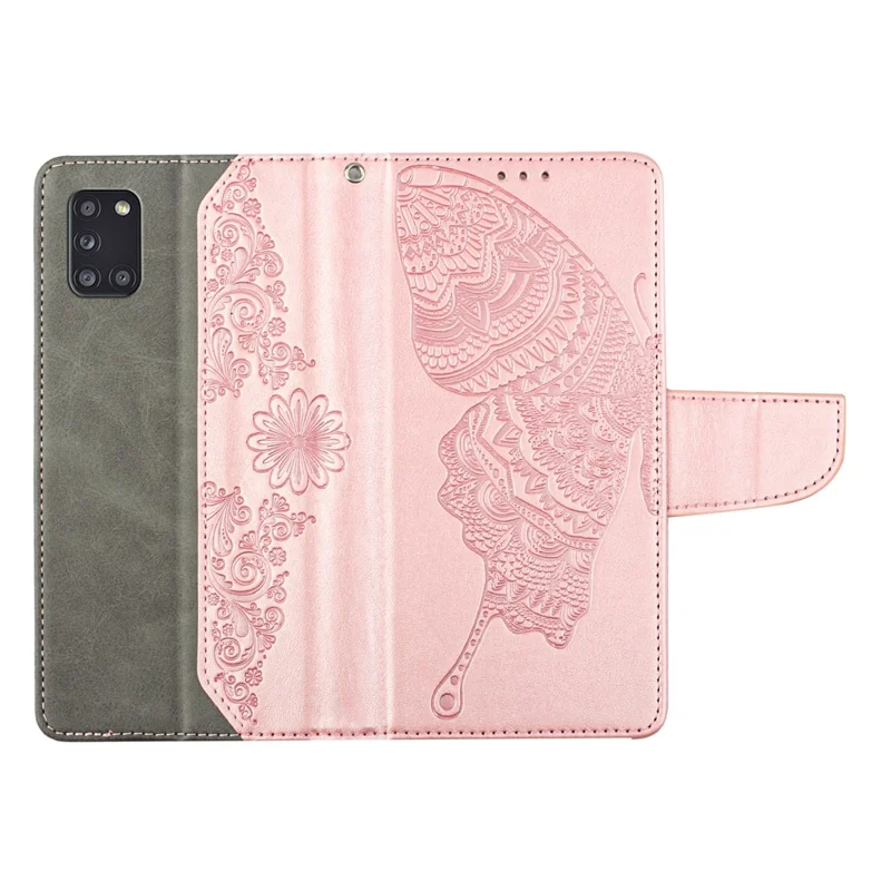 Scratch Resistant Wallet Phone Case for Samsung Galaxy A31 Shockproof Folio Flip Cover Butterfly Flower Imprinted Phone Case with Stand - Rose Gold
