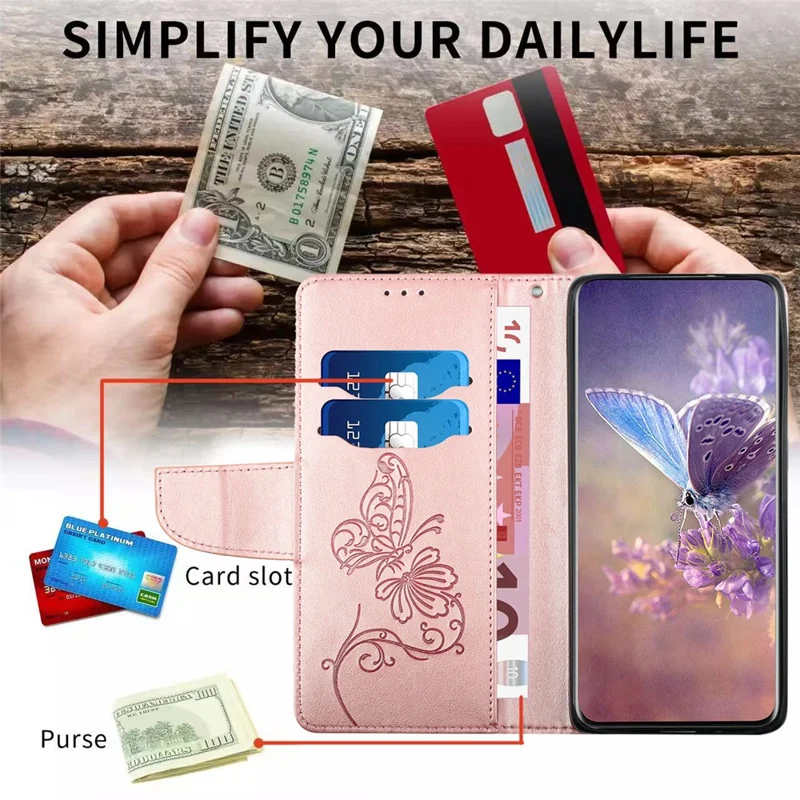 Scratch Resistant Wallet Phone Case for Samsung Galaxy A31 Shockproof Folio Flip Cover Butterfly Flower Imprinted Phone Case with Stand - Rose Gold