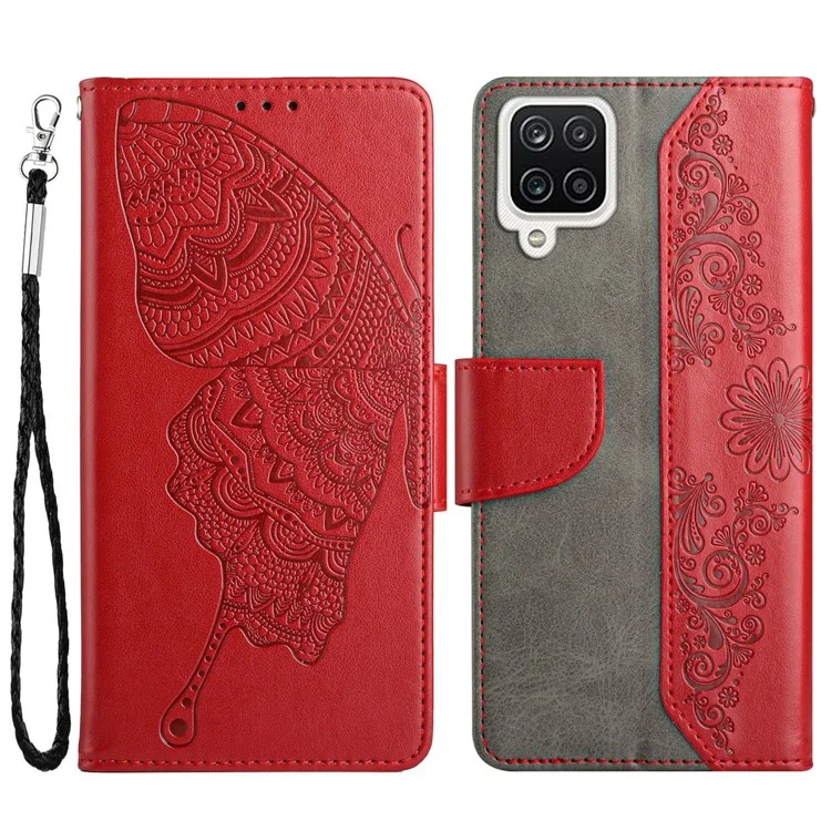 Für Samsung Galaxy A22 4G (EU -version) Brieftaschenstillhülle Kratzerfantes Folio Flip Cover Telefonschutz Mit Schmetterlingsblume Eingeprägt - Rot