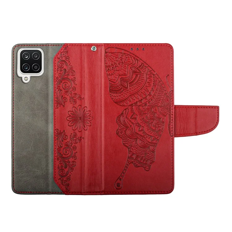 Für Samsung Galaxy A22 4G (EU -version) Brieftaschenstillhülle Kratzerfantes Folio Flip Cover Telefonschutz Mit Schmetterlingsblume Eingeprägt - Rot