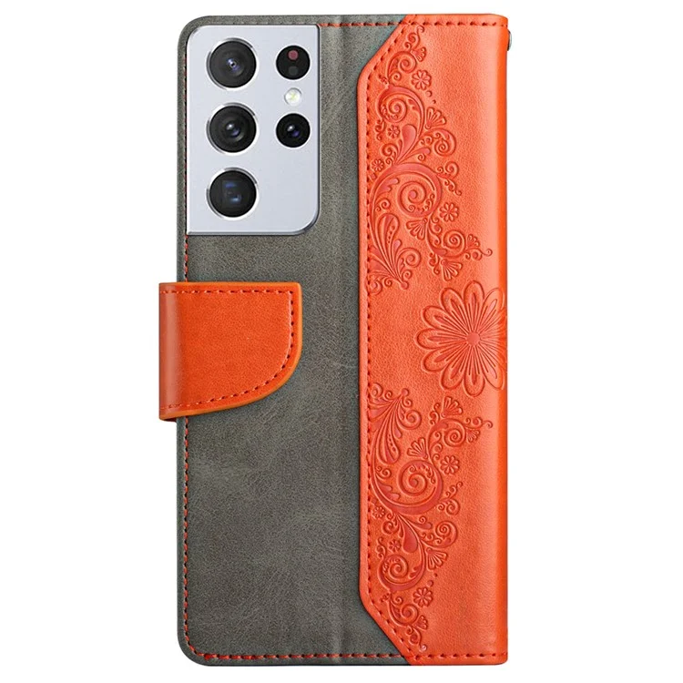 For Samsung Galaxy S21 Ultra 5G Wallet Stand Phone Case Scratch Resistant PU Leather Cover Phone Protector with Butterfly Flower Imprinted - Orange