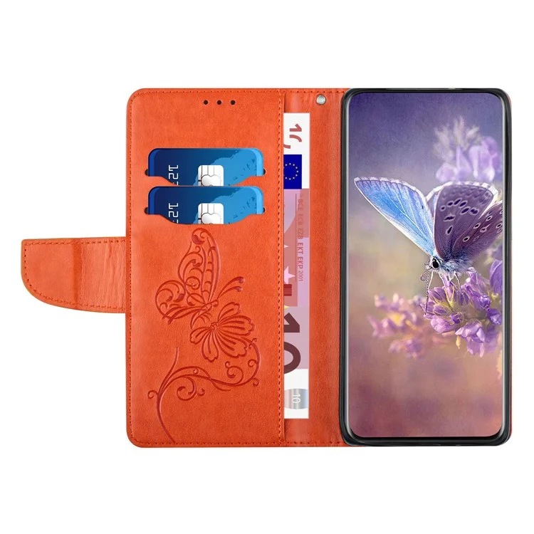 For Samsung Galaxy S21 Ultra 5G Wallet Stand Phone Case Scratch Resistant PU Leather Cover Phone Protector with Butterfly Flower Imprinted - Orange