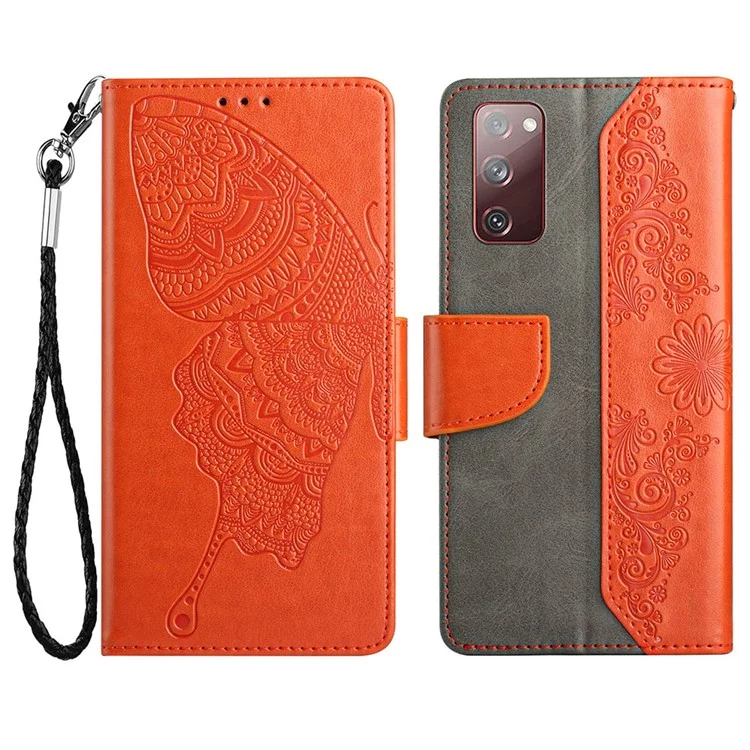 Case de Teléfono de Stand de Billetera Para Samsung Galaxy S20 fe 2022/S20 fe 4g/fe 5G/S20 Lite Scratch Resistente PU Cubierta de Cuero de Mariposa Flower Imprimida Protector - Naranja