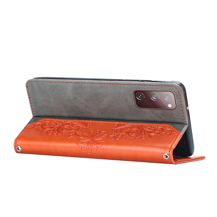 Case de Teléfono de Stand de Billetera Para Samsung Galaxy S20 fe 2022/S20 fe 4g/fe 5G/S20 Lite Scratch Resistente PU Cubierta de Cuero de Mariposa Flower Imprimida Protector - Naranja