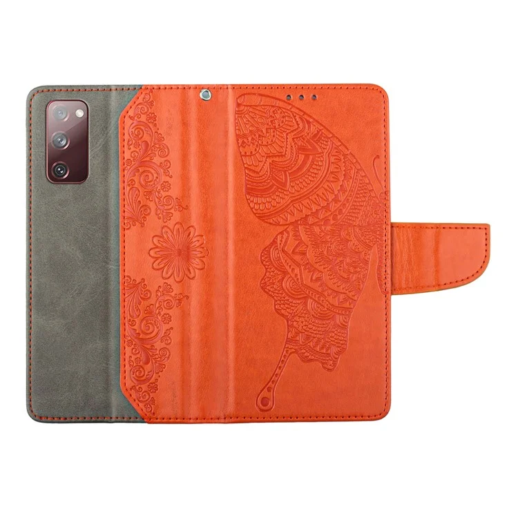 Case de Teléfono de Stand de Billetera Para Samsung Galaxy S20 fe 2022/S20 fe 4g/fe 5G/S20 Lite Scratch Resistente PU Cubierta de Cuero de Mariposa Flower Imprimida Protector - Naranja