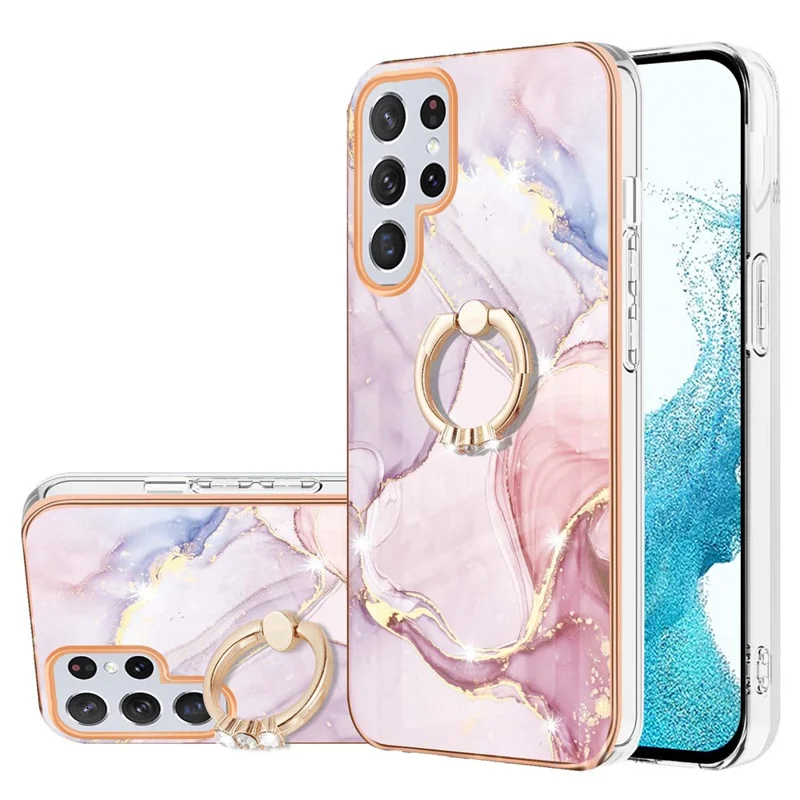 For Samsung Galaxy S22 Ultra 5G Etui med ring og støttefod Marmorstil Elektropladeret TPU bagside - Rosen guld 005