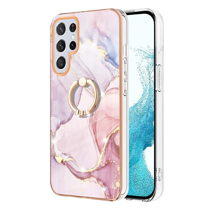 For Samsung Galaxy S22 Ultra 5G Etui med ring og støttefod Marmorstil Elektropladeret TPU bagside - Rosen guld 005