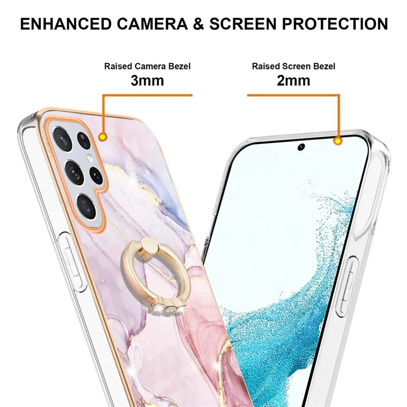 For Samsung Galaxy S22 Ultra 5G Etui med ring og støttefod Marmorstil Elektropladeret TPU bagside - Rosen guld 005