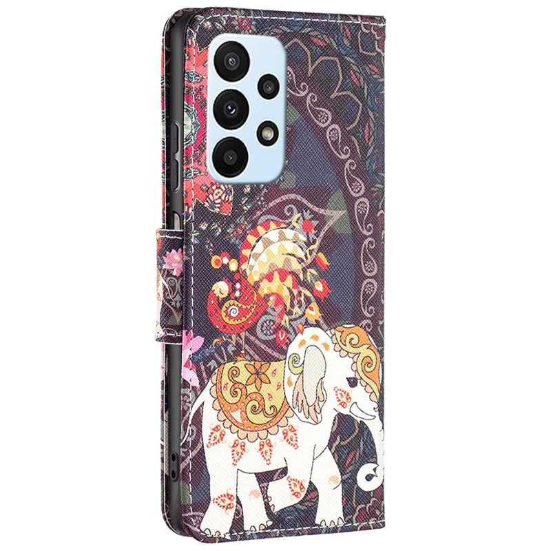 For Samsung Galaxy A23 4G / 5G (Global) Leather Case Pattern Printing Wallet Stand Flip Mobile Cover - Flower and Elephant