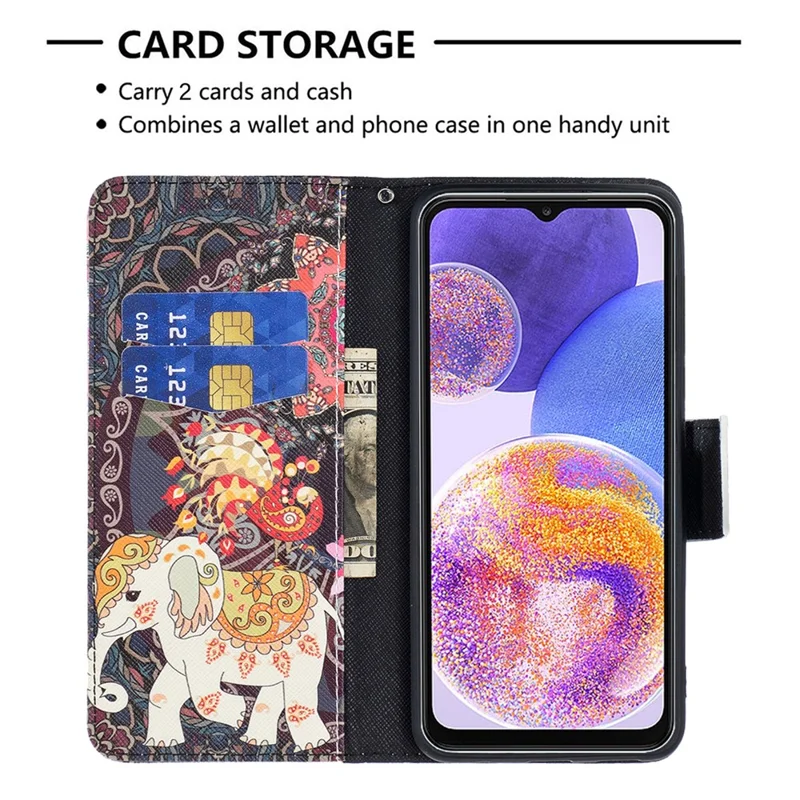 For Samsung Galaxy A23 4G / 5G (Global) Leather Case Pattern Printing Wallet Stand Flip Mobile Cover - Flower and Elephant