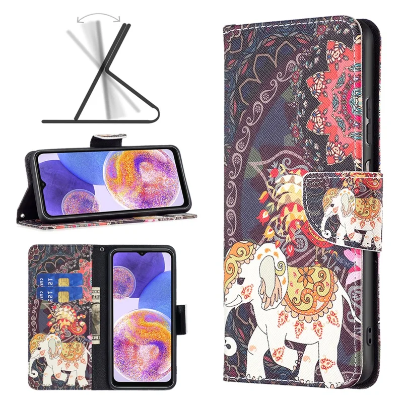 For Samsung Galaxy A23 4G / 5G (Global) Leather Case Pattern Printing Wallet Stand Flip Mobile Cover - Flower and Elephant