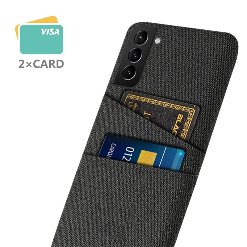 For Samsung Galaxy S21 FE 5G Anti-shock Cloth Coated Hard PC Phone Case Cloth Texture Multifunction Dual Card Slots Cell Phone Back Cover - Black